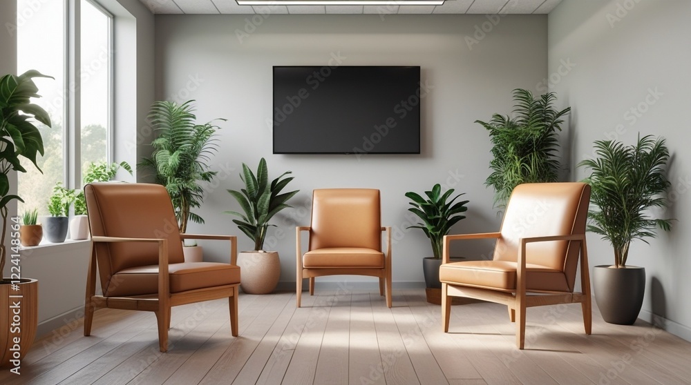 Fototapeta premium Stylish Wooden Office Lounge with Comfortable Armchairs and Entertainment-Focused Amenities, Including a Flat-Screen Television