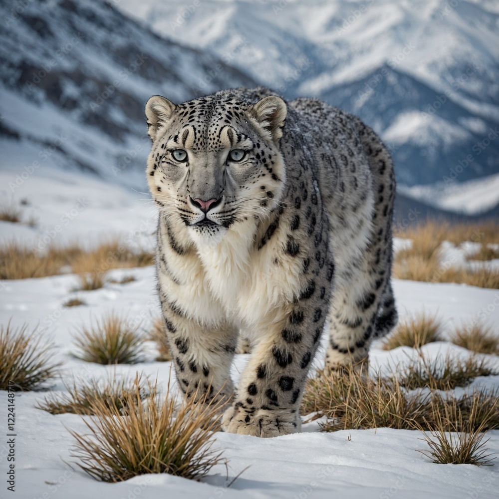 Naklejka premium A snow leopard prowling through an alpine meadow blanketed in snow.