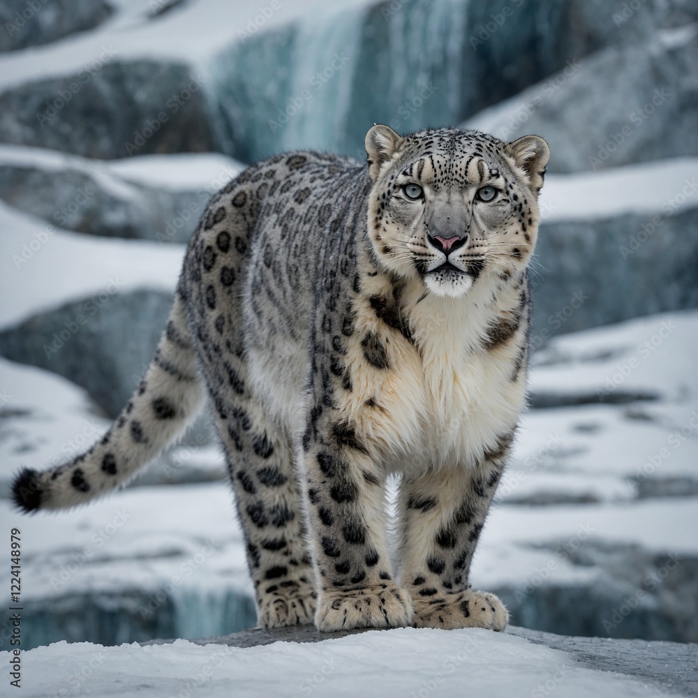 Naklejka premium A snow leopard cautiously walking on the edge of a sheer, icy drop.