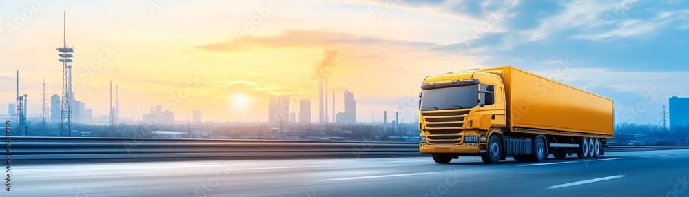 Yellow truck journeys down open highway, a scenic drive across the countryside Yellow truck journeys down open highway, a scenic drive across the countryside
