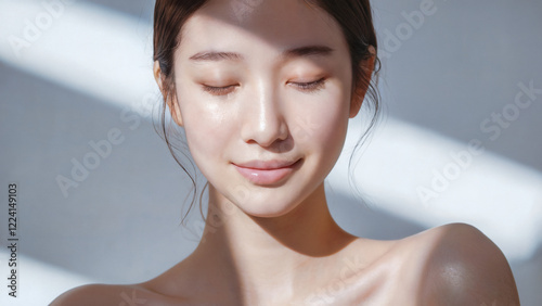 まっすぐに向きまぶたを閉じた日本人女性のポートレート、美容、スキンケア、美白、透明感、セルフケアをコンセプトにした女性の写真