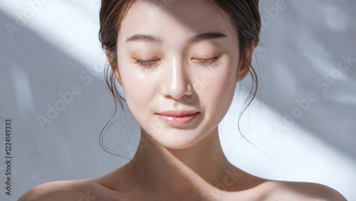 まっすぐに向きまぶたを閉じた日本人女性のポートレート、美容、スキンケア、美白、透明感、セルフケアをコンセプトにした女性の写真