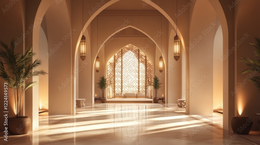 Fototapeta premium A tranquil interior with beautifully lit architectural arches, showcasing intricate motifs that enhance the peaceful atmosphere of the serene space