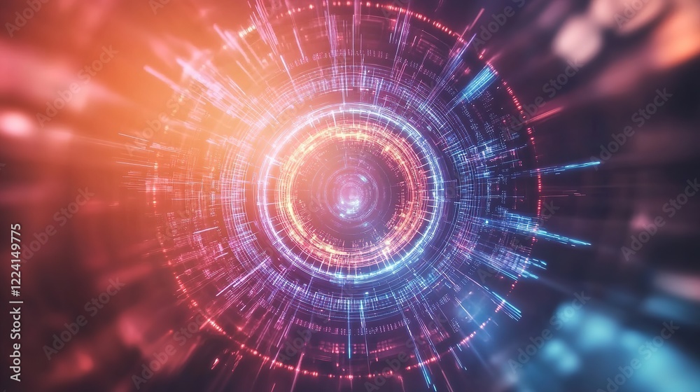 Obraz premium Vibrant Radial Colored Rays Emanating from Central Point. Dynamic and Energetic Visual Display Against Softly Blurred Backdrop in Mesmerizing Abstract Technology Background