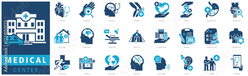 MEDICAL CENTER ICON SET with cardiology, dermatology, neurology, orthopedics, pediatrics, oncology, gastroenterology, endocrinology, hospital, nursing home and mental health
