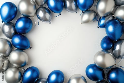 A rich, festive frame of blue and silver balloons surrounding a blank white space for customizable text.