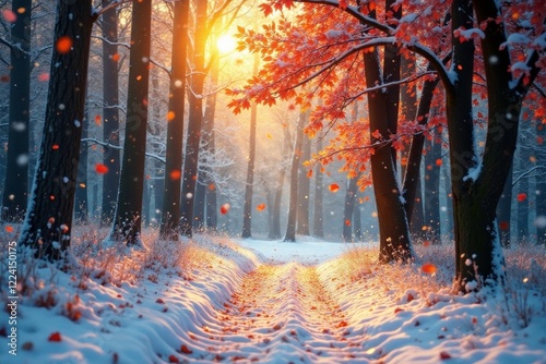 Softly falling leaves in a snow-covered forest, warm light, falling leaves, serene landscape