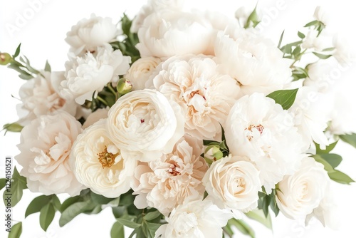 Fototapeta Naklejka Na Ścianę i Meble -  A romantic and elegant bouquet of white peonies and roses in a soft watercolor style, isolated on white.
