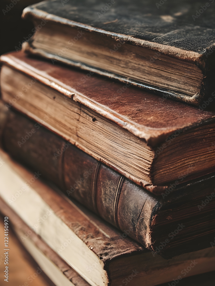 Collection of old books with textured leather covers stacked in pile : Generative AI Collection of old books with textured leather covers stacked in pile : Generative AI