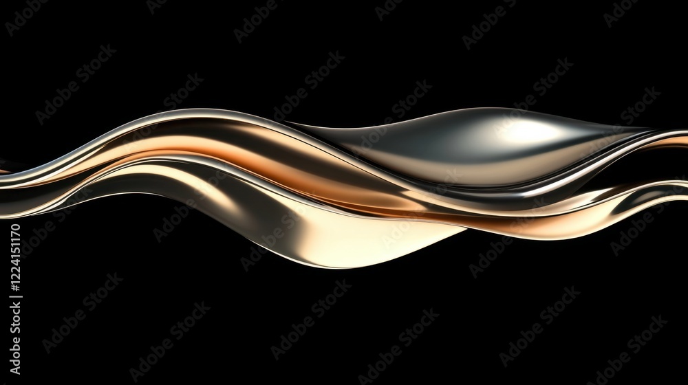 Obraz premium A sleek metallic wave design rendered in 3D with smooth chrome and gradient reflections, creating an abstract background