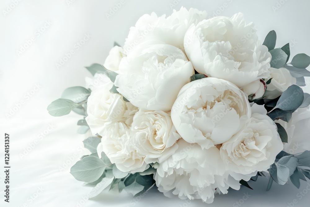 Obraz premium A romantic and elegant bouquet of white peonies and roses in a soft watercolor style, isolated on white.