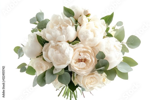 Fototapeta Naklejka Na Ścianę i Meble -  A romantic and elegant bouquet of white peonies and roses in a soft watercolor style, isolated on white.