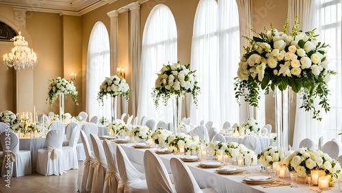Obraz na płótnie Elegant wedding reception table setting with white floral arrangements and candlelight in a luxurious ballroom. w salonie