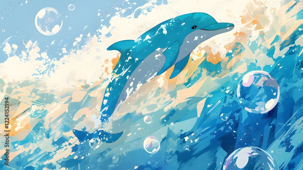 Naklejka premium Dolphin swimming in water, surrounded by bubbles.