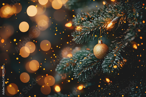 Christmas tree decorated with gold ornaments and twinkling lights set against a festive background creating a warm holiday atmosphere photo