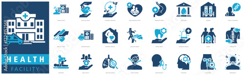 HEALTH FACILITY ICON SET with trauma center, palliative center, alternative medicine, family medicine center, genetic counseling and surgical center