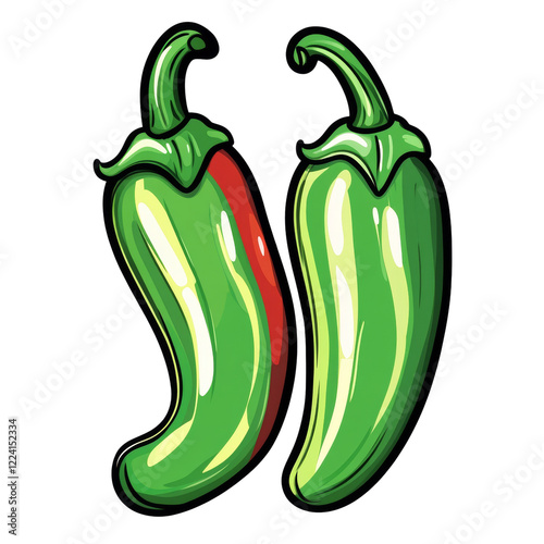 A vibrant illustration showcases two glossy green jalapeno peppers against a black background.