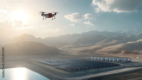 A hydrogen powered drone flying above a renewable energy farm, transporting goods with zero emissions, highlighting the versatility of hydrogen energy applications photo