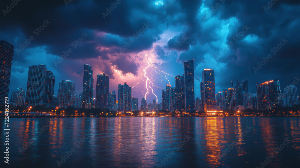 Fototapeta premium Lightning bolts striking a city skyline, lighting up tall buildings and casting dramatic shadows