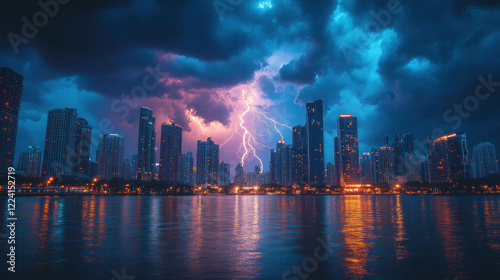 Lightning bolts striking a city skyline, lighting up tall buildings and casting dramatic shadows