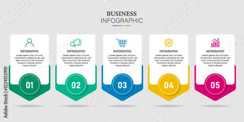 Infographic business model with 5 successive steps. 5 colorful rectangular elements. Timeline design for brochure, presentation. Infographic design layout