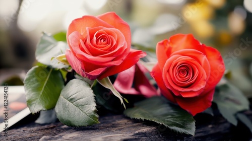 Wallpaper Mural Beautiful Fresh Red Roses with Green Leaves on Rustic Wooden Background in Natural Light Torontodigital.ca