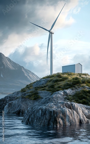 A wind farm integrated with hydrogen production on a remote island, where excess energy from the turbines is stored as hydrogen and used for power in the community photo