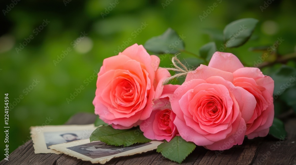 Romantic Pink Roses on a Rustic Wooden Table with Vintage Photographs in Natural Setting Romantic Pink Roses on a Rustic Wooden Table with Vintage Photographs in Natural Setting
