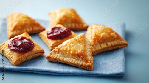 A blue cloth with a bunch of pastries on it