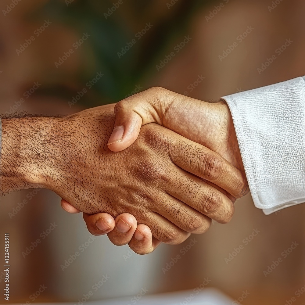 Fototapeta premium Contract signing handshake in corporate conference room over-the-shoulder perspective serious business environment