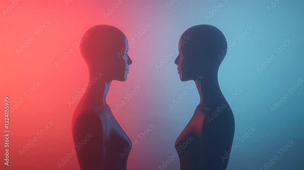 Fototapeta premium Two abstract human figures connected by a glowing bond, symbolizing unity and connection in a minimalist design.