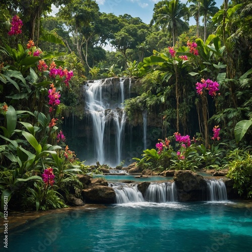 A powerful waterfall cascading into a turquoise pool surrounded by lush jungle foliage, with colorful orchids and vines hanging from trees, and the sound of birds and insects filling the air.