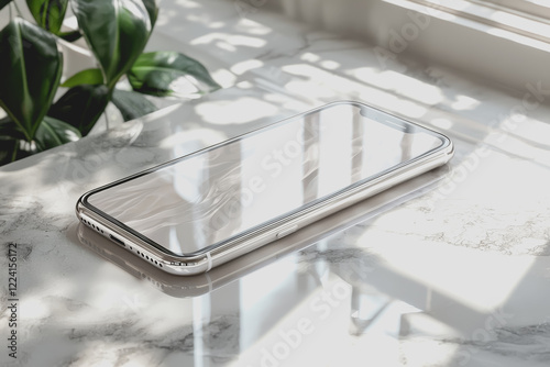 White smartphone resting on a polished marble table surface with natural light creating soft shadows and reflections in an elegant indoor setting