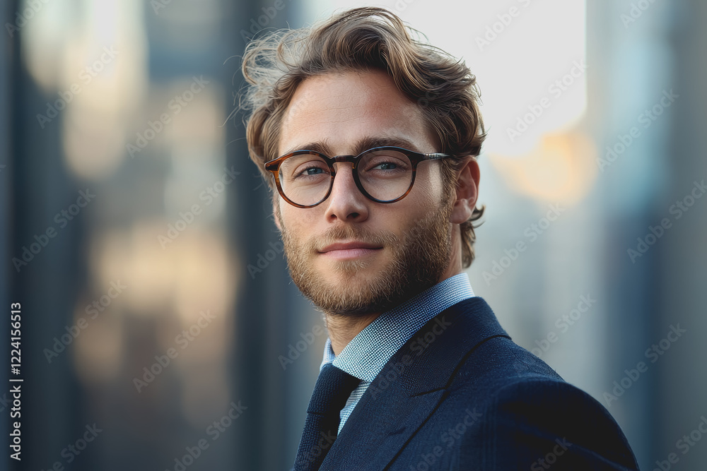 Fototapeta premium Man wearing glasses and a suit standing confidently in a modern office environment with a neutral background and professional demeanor