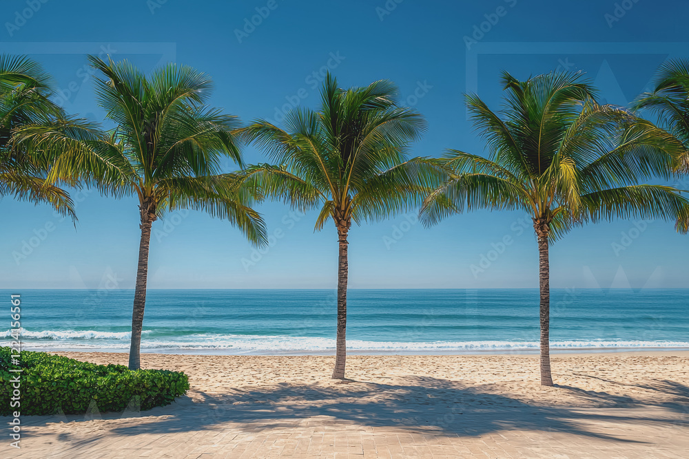 Tropical beach scene featuring palm trees sandy shoreline and clear blue sky with no people present perfect for vacation or relaxation themes Tropical beach scene featuring palm trees sandy shoreline and clear blue sky with no people present perfect for vacation or relaxation themes