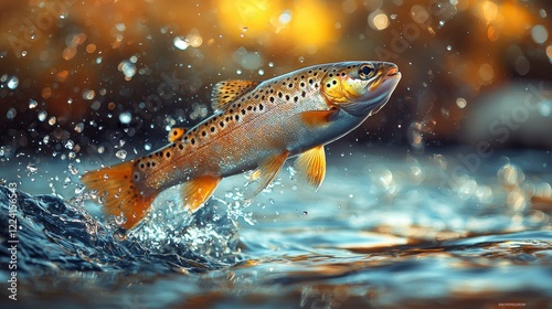 Trout leaping, river sunset, nature scene, fishing photo