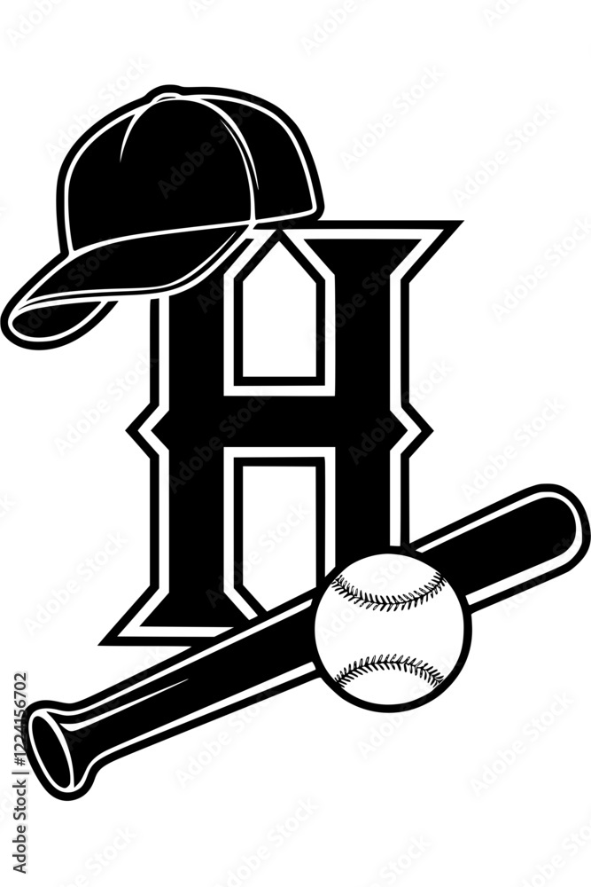 Baseball Icon with Letter H Design, Black and white sports-themed graphic featuring a baseball bat, ball, cap, and bold letter Baseball Icon with Letter H Design, Black and white sports-themed graphic featuring a baseball bat, ball, cap, and bold letter