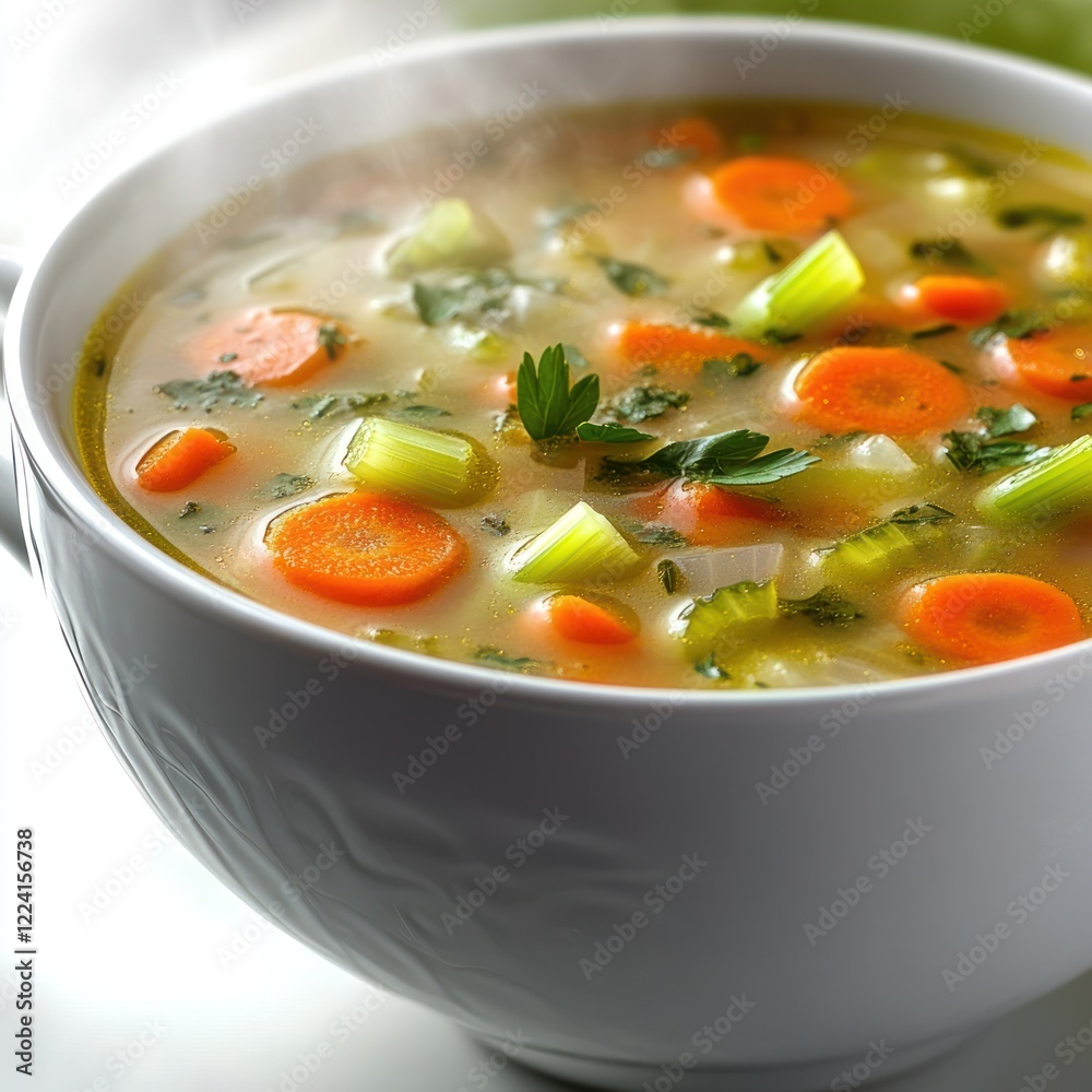 Steaming Vegetable Soup with Fresh Carrots, Celery, and Herbs in White Ceramic Bowl Steaming Vegetable Soup with Fresh Carrots, Celery, and Herbs in White Ceramic Bowl
