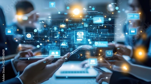 Business team discussing B2B marketing strategy with digital technology tools and e-commerce trends on a virtual screen in an office