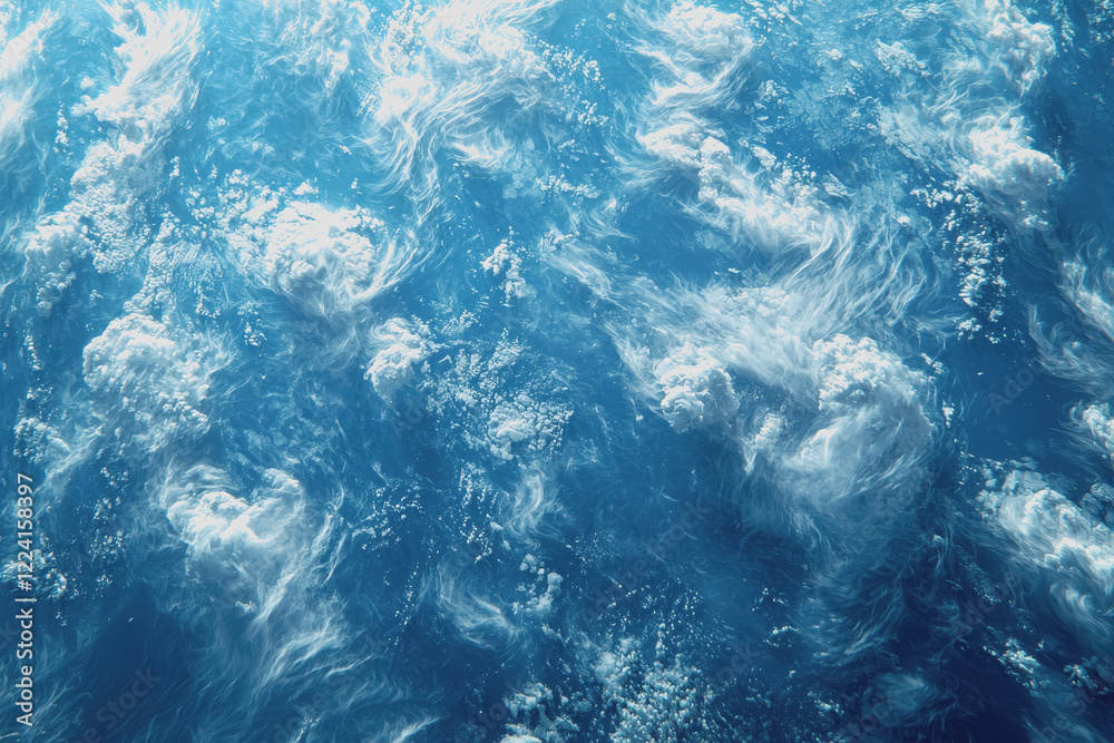Fototapeta premium Aerial view of a serene ocean with waves and coastline visible from an airplane window during a bright sunny day