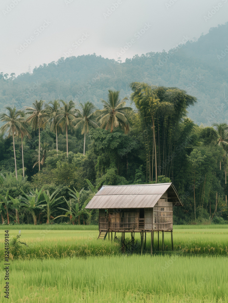 Obraz premium Rice terraces on an island with old village farm buildings, wooden cottages, and lush nature under a summer sky, surrounded by mountains and greenery