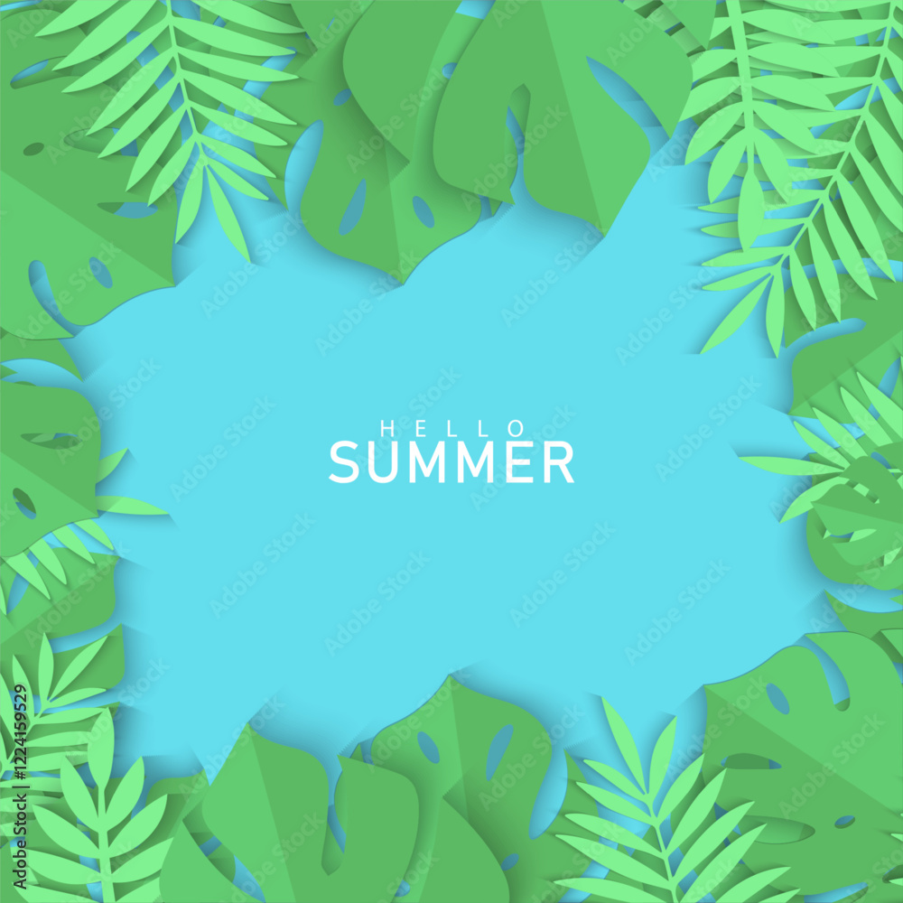 collection of Tropical leaves Hello Summer background concept design, abstract illustration with exotic leaves, colorful design, summer background and banner or card with copy space for text. collection of Tropical leaves Hello Summer background concept design, abstract illustration with exotic leaves, colorful design, summer background and banner or card with copy space for text.