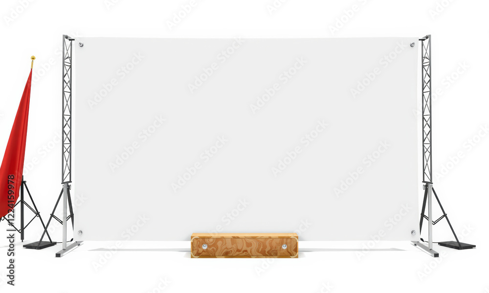 blank banner stand mockup with wooden base and metal frame, ideal for advertising or presentations. setup includes red flag on side, creating professional display blank banner stand mockup with wooden base and metal frame, ideal for advertising or presentations. setup includes red flag on side, creating professional display