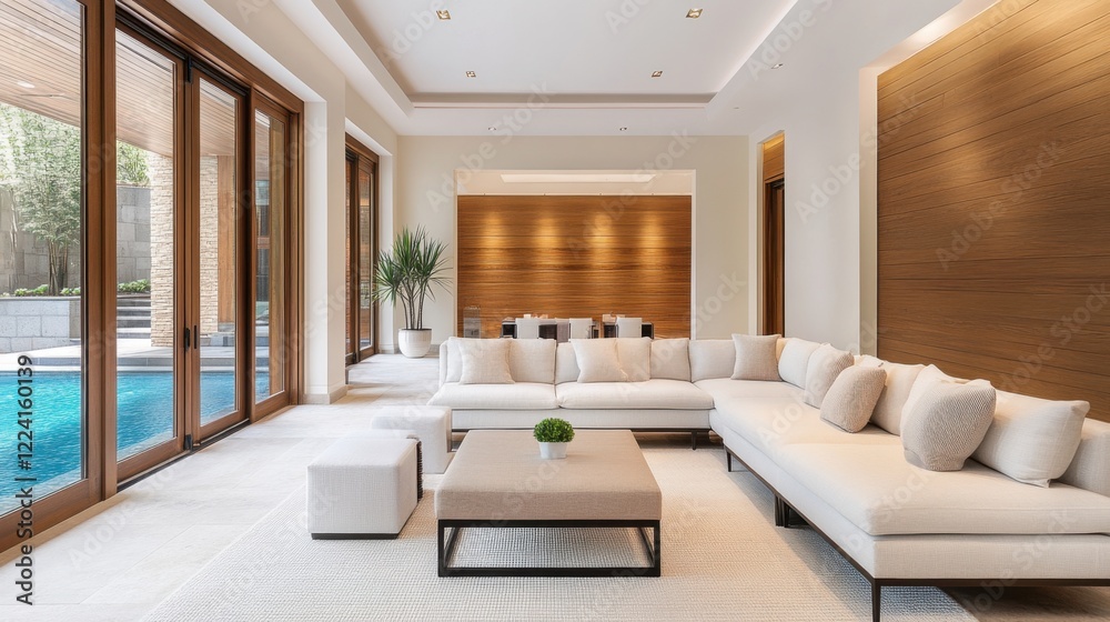 Modern and Elegant Living Room with Large Windows Overlooking Pool Area in Luxurious Home