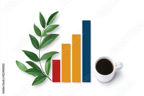 A coffee cup beside a bar graph and green leaves, symbolizing growth, productivity, and nature's influence in a work environment.