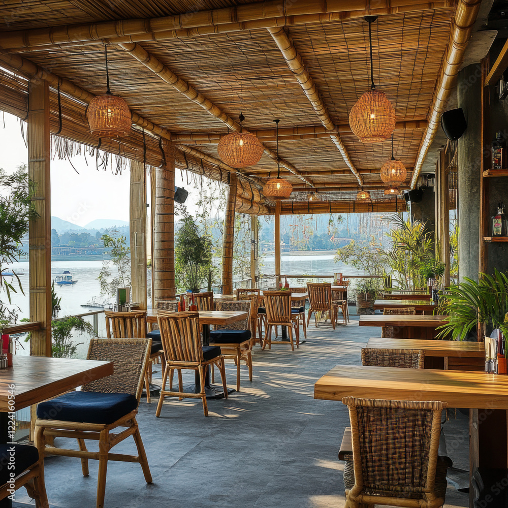 Fototapeta premium Outdoor city café with wooden furniture and umbrellas in a stylish dining area