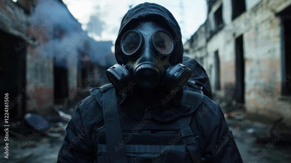 Post-Apocalyptic Survivor in Gas Mask Amidst Ruins, A Dark and Somber Scene of Destruction and Despair Post-Apocalyptic Survivor in Gas Mask Amidst Ruins, A Dark and Somber Scene of Destruction and Despair