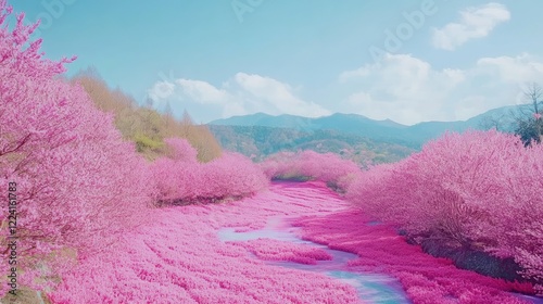 Dreamlike cherry blossom landscape in Fukushima, Japan, vibrant pink flowers in peak bloom.