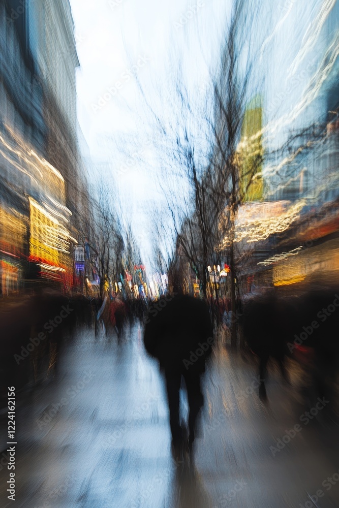 A blurry photo of a city street with people walking and a tree in the background A blurry photo of a city street with people walking and a tree in the background