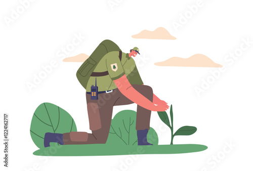 Ranger Forester Character Nurture Sprout By Planting In Suitable Soil, Monitoring Water And Sunlight Needs